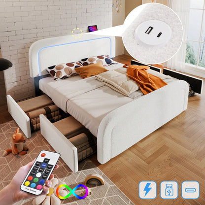 Bettgestell mit USB Typ C Ladefunktion LED-Beleuchtung und 4 Schubladen, Doppelbett Polsterbett 140x200cm, Höhenverstellbarem Kopfteil, Lattenrost aus Holz, Sherp-Weiß