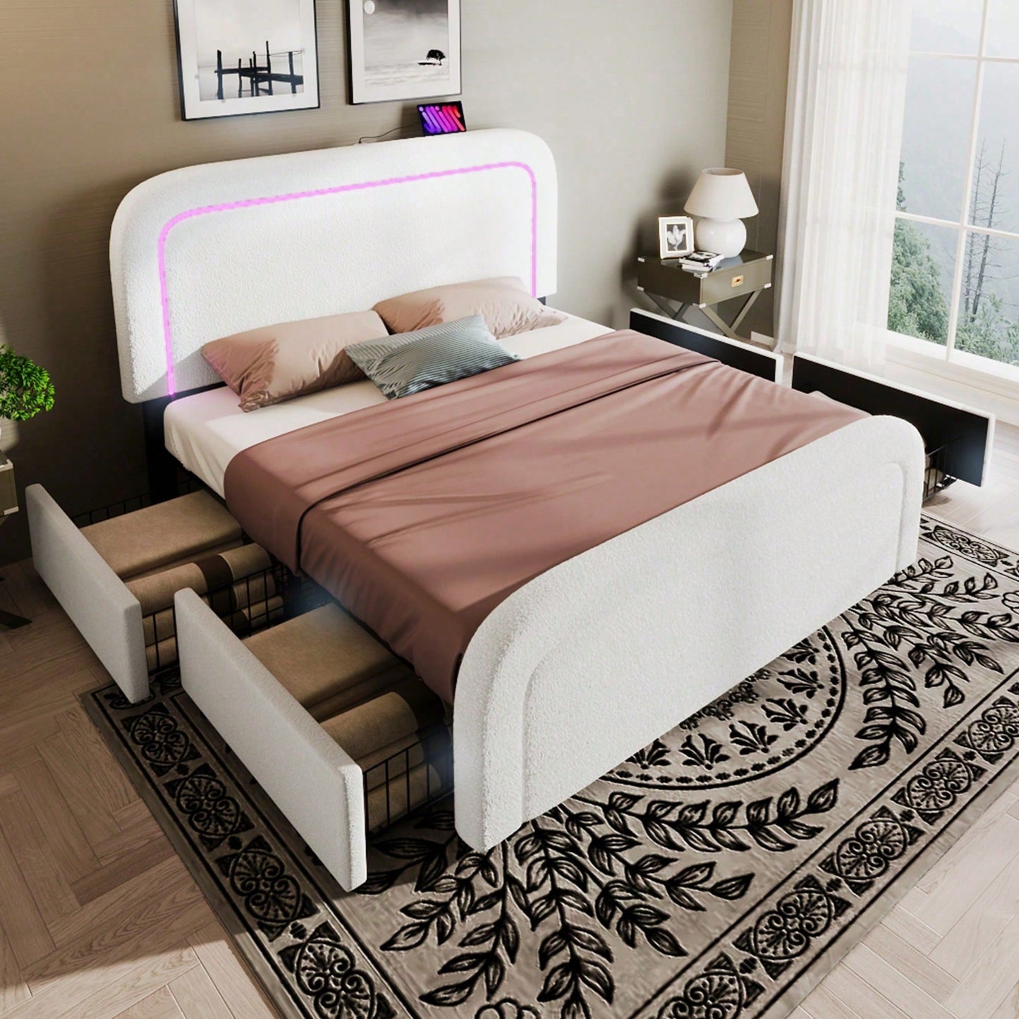 Bettgestell mit USB Typ C Ladefunktion LED-Beleuchtung und 4 Schubladen, Doppelbett Polsterbett 140x200cm, Höhenverstellbarem Kopfteil, Lattenrost aus Holz, Sherp-Weiß
