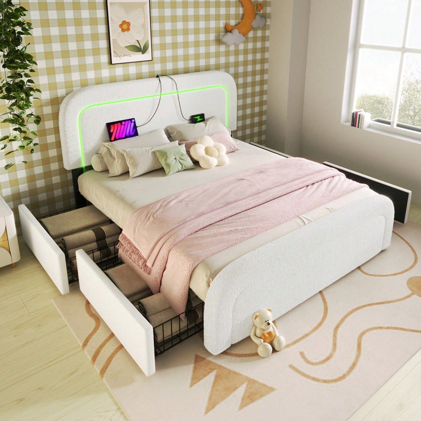 Bettgestell mit USB Typ C Ladefunktion LED-Beleuchtung und 4 Schubladen, Doppelbett Polsterbett 140x200cm, Höhenverstellbarem Kopfteil, Lattenrost aus Holz, Sherp-Weiß