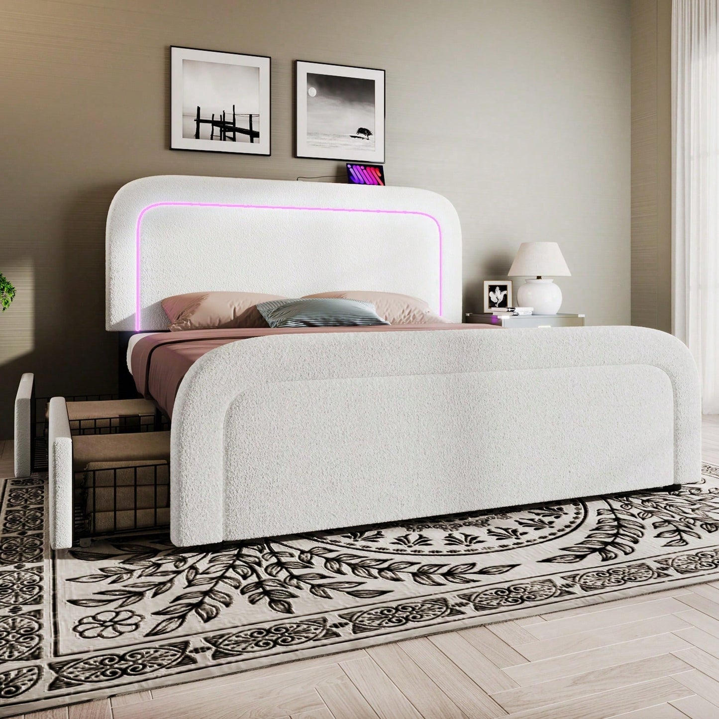 Bettgestell mit USB Typ C Ladefunktion LED-Beleuchtung und 4 Schubladen, Doppelbett Polsterbett 140x200cm, Höhenverstellbarem Kopfteil, Lattenrost aus Holz, Sherp-Weiß