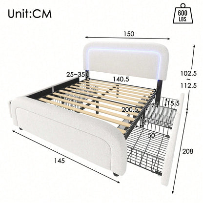 Bettgestell mit USB Typ C Ladefunktion LED-Beleuchtung und 4 Schubladen, Doppelbett Polsterbett 140x200cm, Höhenverstellbarem Kopfteil, Lattenrost aus Holz, Sherp-Weiß