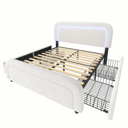 Bettgestell mit USB Typ C Ladefunktion LED-Beleuchtung und 4 Schubladen, Doppelbett Polsterbett 140x200cm, Höhenverstellbarem Kopfteil, Lattenrost aus Holz, Sherp-Weiß