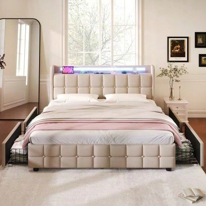 Polsterbett mit aufladen USB Ladefunktion Kopfteil und LED-Beleuchtung und 4 Schubladen,Doppelbett 160x200cm Stauraumbetten Bettgestell, Lattenrost aus Holz, Beige