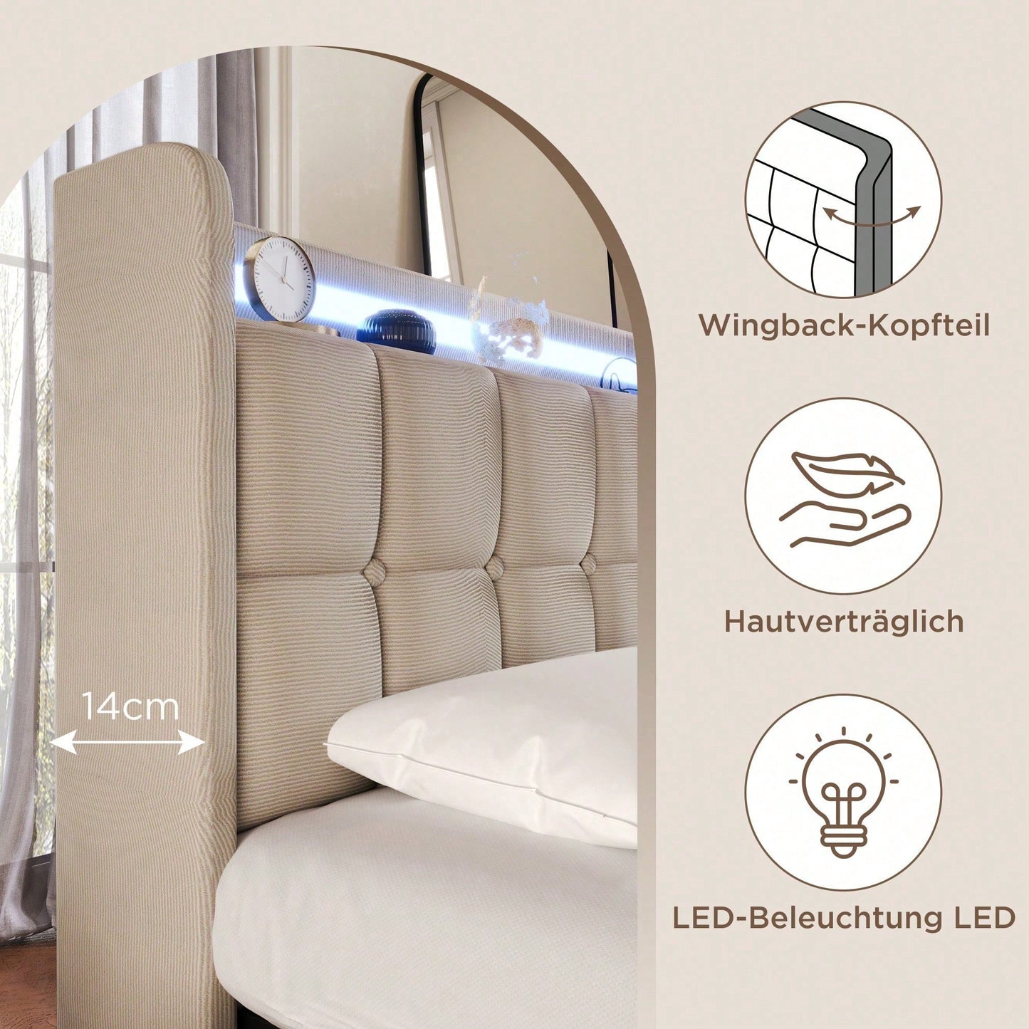 Polsterbett mit aufladen USB Ladefunktion Kopfteil und LED-Beleuchtung und 4 Schubladen,Doppelbett 160x200cm Stauraumbetten Bettgestell, Lattenrost aus Holz, Beige
