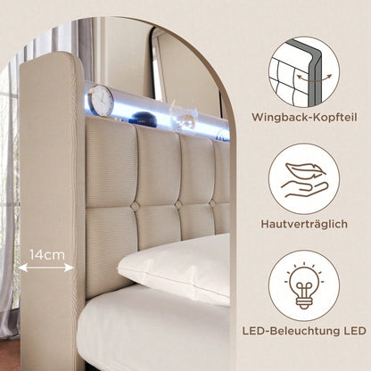 Polsterbett mit aufladen USB Ladefunktion Kopfteil und LED-Beleuchtung und 4 Schubladen,Doppelbett 160x200cm Stauraumbetten Bettgestell, Lattenrost aus Holz, Beige