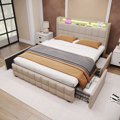 Polsterbett mit aufladen USB Ladefunktion Kopfteil und LED-Beleuchtung und 4 Schubladen,Doppelbett 160x200cm Stauraumbetten Bettgestell, Lattenrost aus Holz, Beige