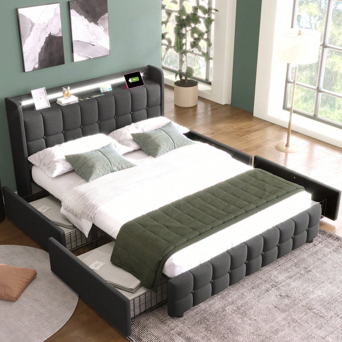 Polsterbett mit aufladen USB Ladefunktion Kopfteil und LED-Beleuchtung und 4 Schubladen,Doppelbett 160x200cm Stauraumbetten Bettgestell, Lattenrost aus Holz, Beige