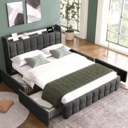 Polsterbett mit aufladen USB Ladefunktion Kopfteil und LED-Beleuchtung und 4 Schubladen,Doppelbett 160x200cm Stauraumbetten Bettgestell, Lattenrost aus Holz, Beige