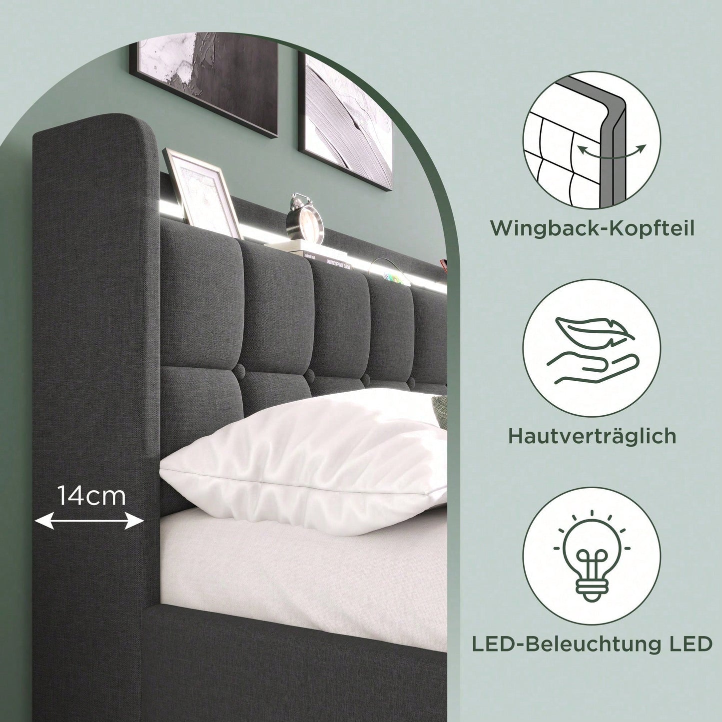 Polsterbett mit aufladen USB Ladefunktion Kopfteil und LED-Beleuchtung und 4 Schubladen,Doppelbett 160x200cm Stauraumbetten Bettgestell, Lattenrost aus Holz, Beige