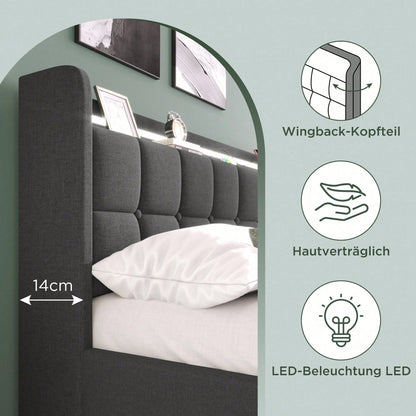 Polsterbett mit aufladen USB Ladefunktion Kopfteil und LED-Beleuchtung und 4 Schubladen,Doppelbett 160x200cm Stauraumbetten Bettgestell, Lattenrost aus Holz, Beige