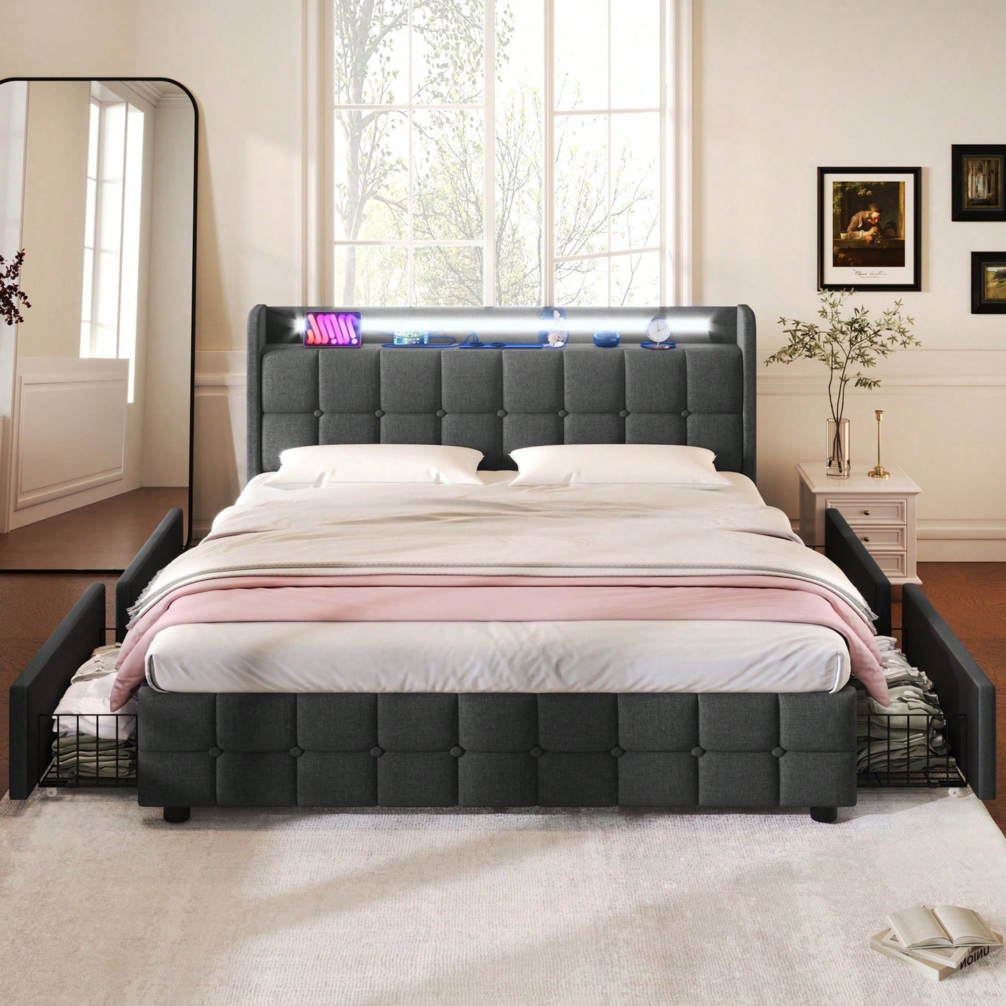 Polsterbett mit aufladen USB Ladefunktion Kopfteil und LED-Beleuchtung und 4 Schubladen,Doppelbett 160x200cm Stauraumbetten Bettgestell, Lattenrost aus Holz, Beige