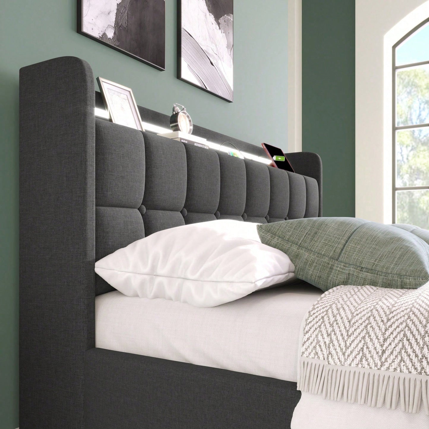 Polsterbett mit aufladen USB Ladefunktion Kopfteil und LED-Beleuchtung und 4 Schubladen,Doppelbett 160x200cm Stauraumbetten Bettgestell, Lattenrost aus Holz, Beige