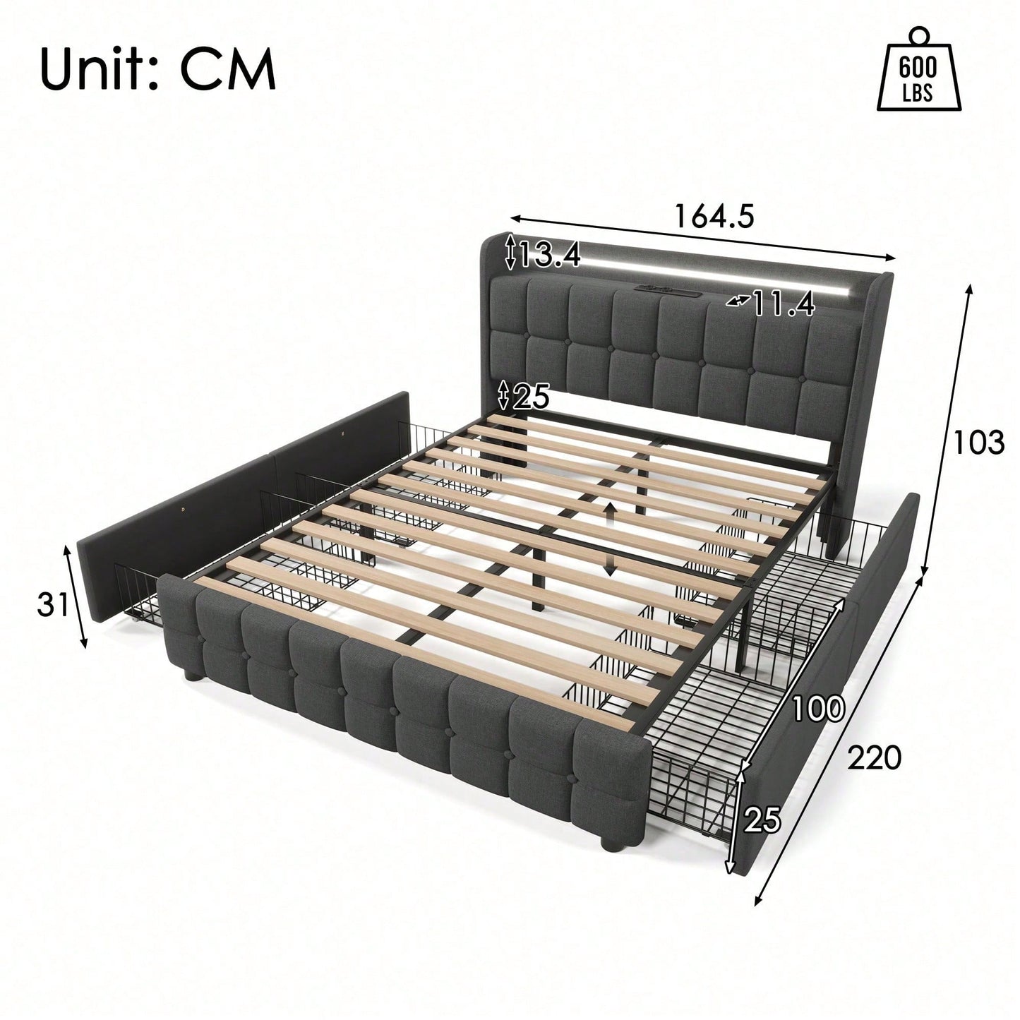Polsterbett mit aufladen USB Ladefunktion Kopfteil und LED-Beleuchtung und 4 Schubladen,Doppelbett 160x200cm Stauraumbetten Bettgestell, Lattenrost aus Holz, Beige