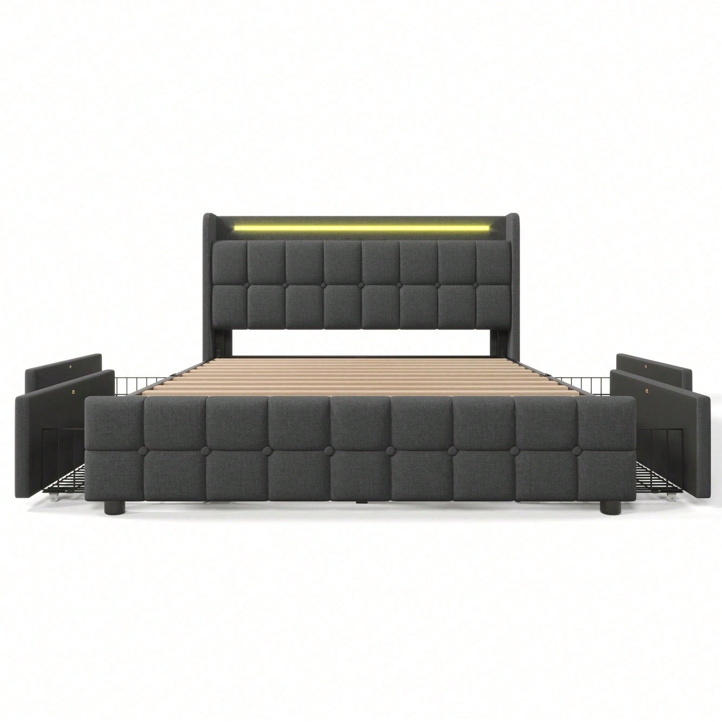 Polsterbett mit aufladen USB Ladefunktion Kopfteil und LED-Beleuchtung und 4 Schubladen,Doppelbett 160x200cm Stauraumbetten Bettgestell, Lattenrost aus Holz, Beige
