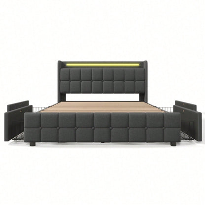 Polsterbett mit aufladen USB Ladefunktion Kopfteil und LED-Beleuchtung und 4 Schubladen,Doppelbett 160x200cm Stauraumbetten Bettgestell, Lattenrost aus Holz, Beige