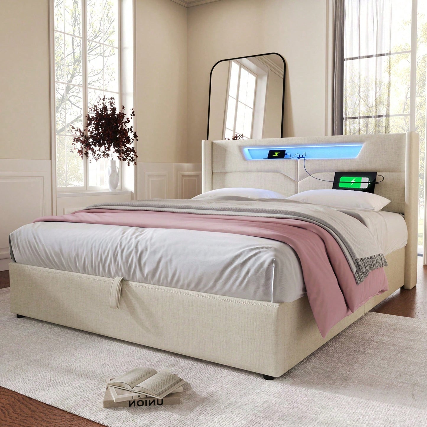 Polsterbett LED Doppelbett mit USB Typ C Ladefunktion und LED-Beleuchtung,Stauraumbetten Bettgestell aus Leinenmaterial Jugendbett 140x200 mit lattenrost(