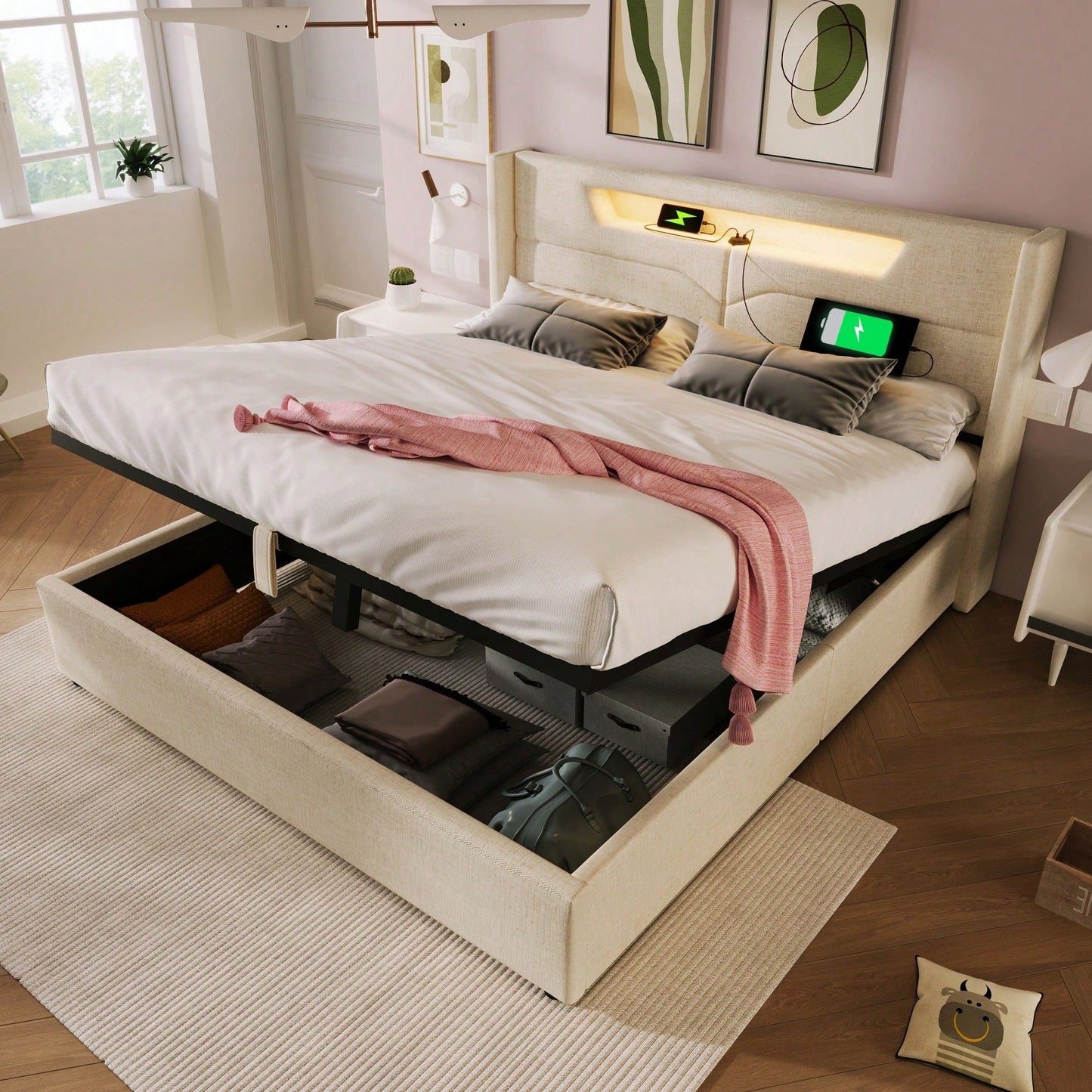 Polsterbett LED Doppelbett mit USB Typ C Ladefunktion und LED-Beleuchtung,Stauraumbetten Bettgestell aus Leinenmaterial Jugendbett 140x200 mit lattenrost(