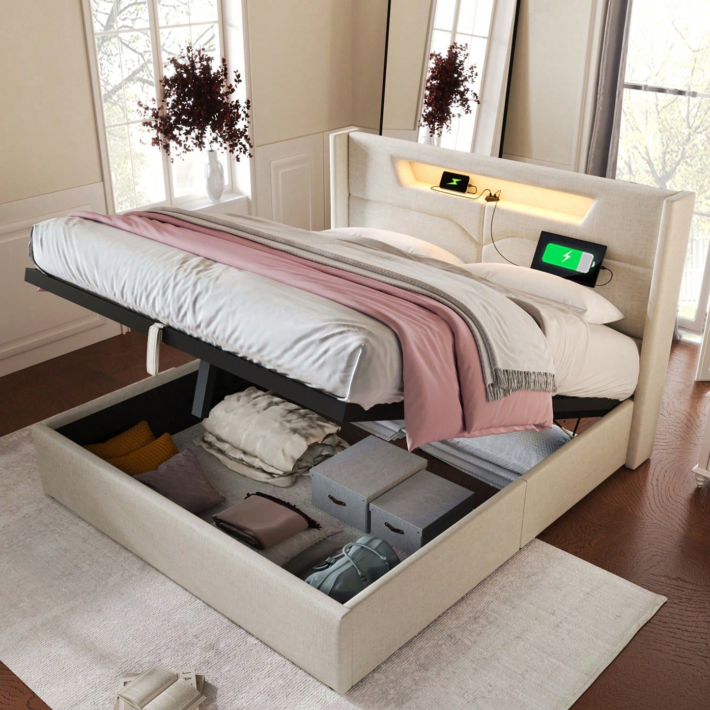 Polsterbett LED Doppelbett mit USB Typ C Ladefunktion und LED-Beleuchtung,Stauraumbetten Bettgestell aus Leinenmaterial Jugendbett 140x200 mit lattenrost(