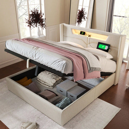Polsterbett LED Doppelbett mit USB Typ C Ladefunktion und LED-Beleuchtung,Stauraumbetten Bettgestell aus Leinenmaterial Jugendbett 140x200 mit lattenrost(
