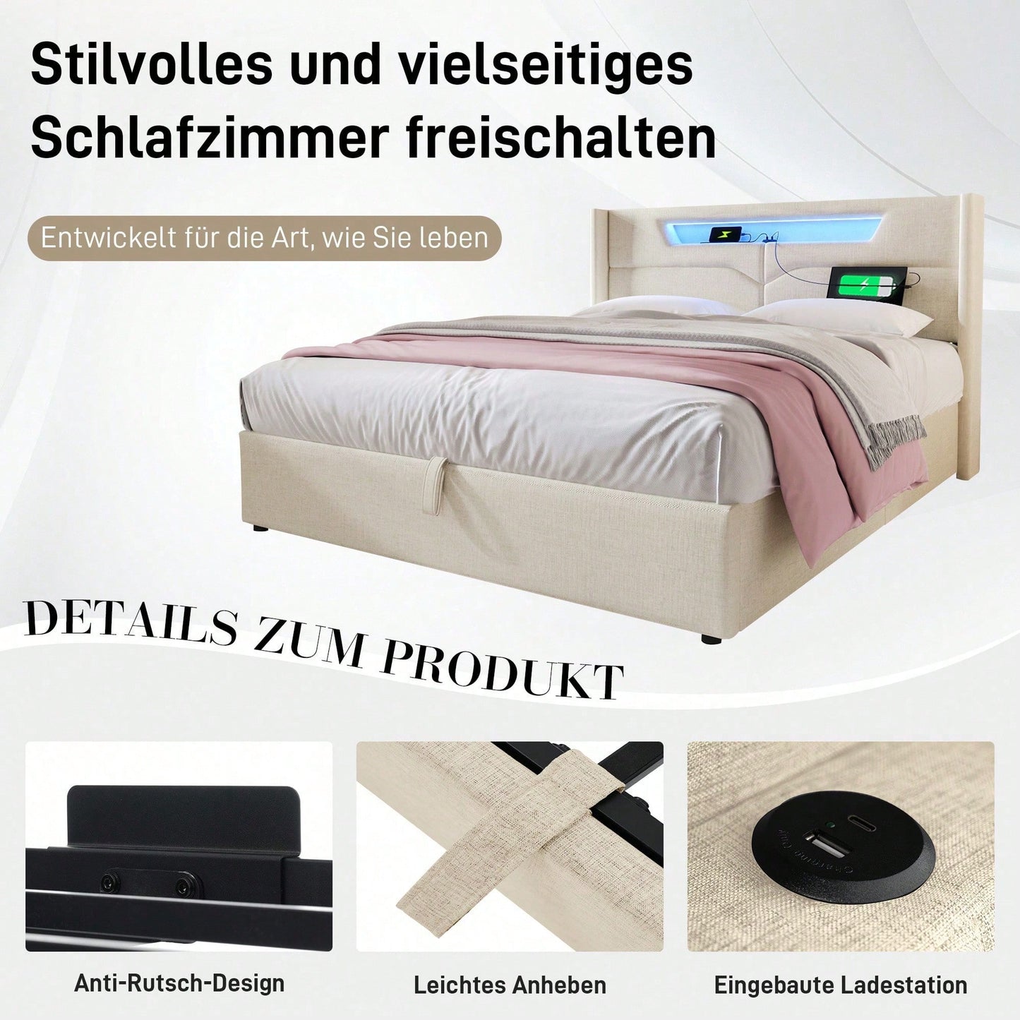 Polsterbett LED Doppelbett mit USB Typ C Ladefunktion und LED-Beleuchtung,Stauraumbetten Bettgestell aus Leinenmaterial Jugendbett 140x200 mit lattenrost(