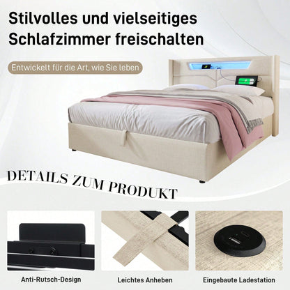 Polsterbett LED Doppelbett mit USB Typ C Ladefunktion und LED-Beleuchtung,Stauraumbetten Bettgestell aus Leinenmaterial Jugendbett 140x200 mit lattenrost(