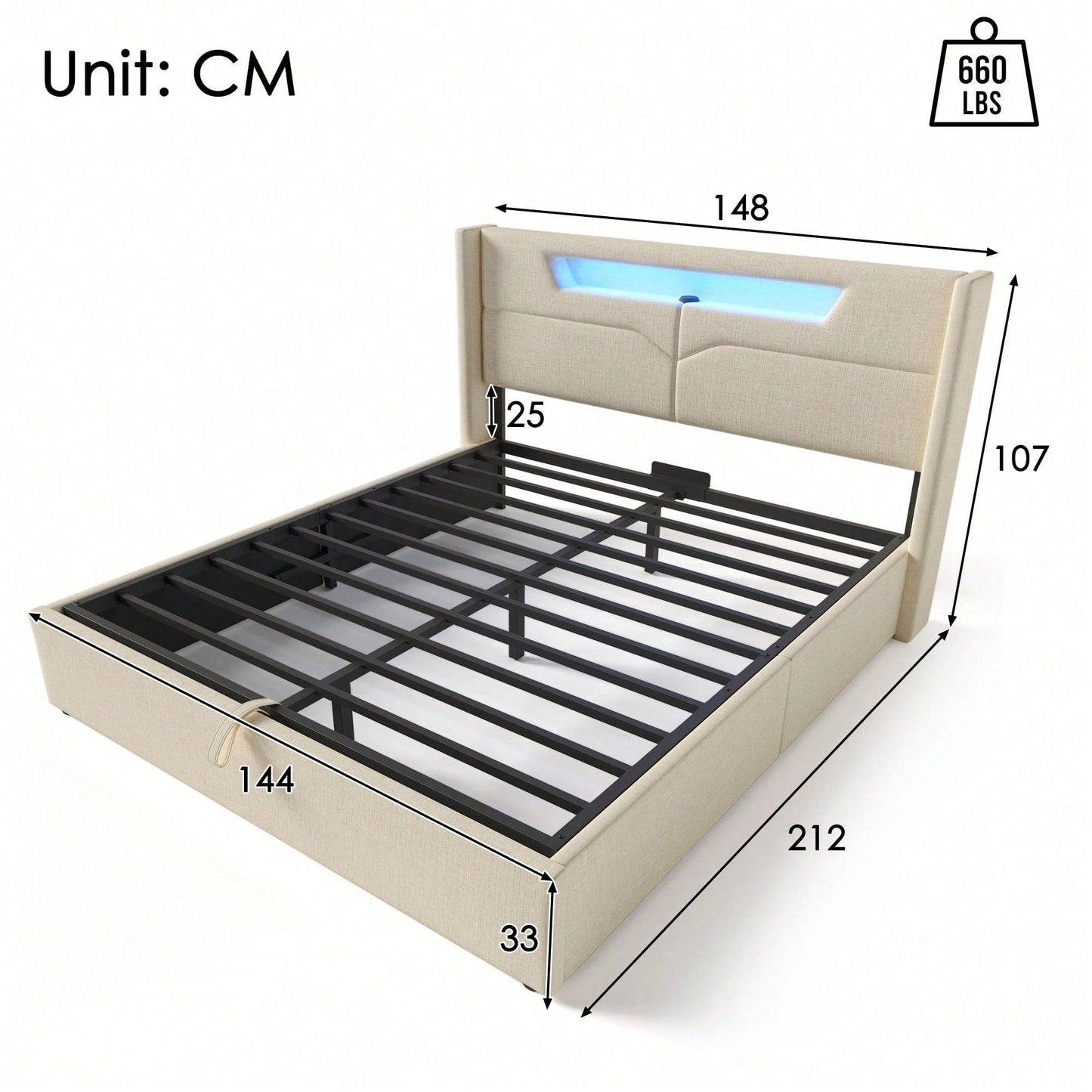 Polsterbett LED Doppelbett mit USB Typ C Ladefunktion und LED-Beleuchtung,Stauraumbetten Bettgestell aus Leinenmaterial Jugendbett 140x200 mit lattenrost(