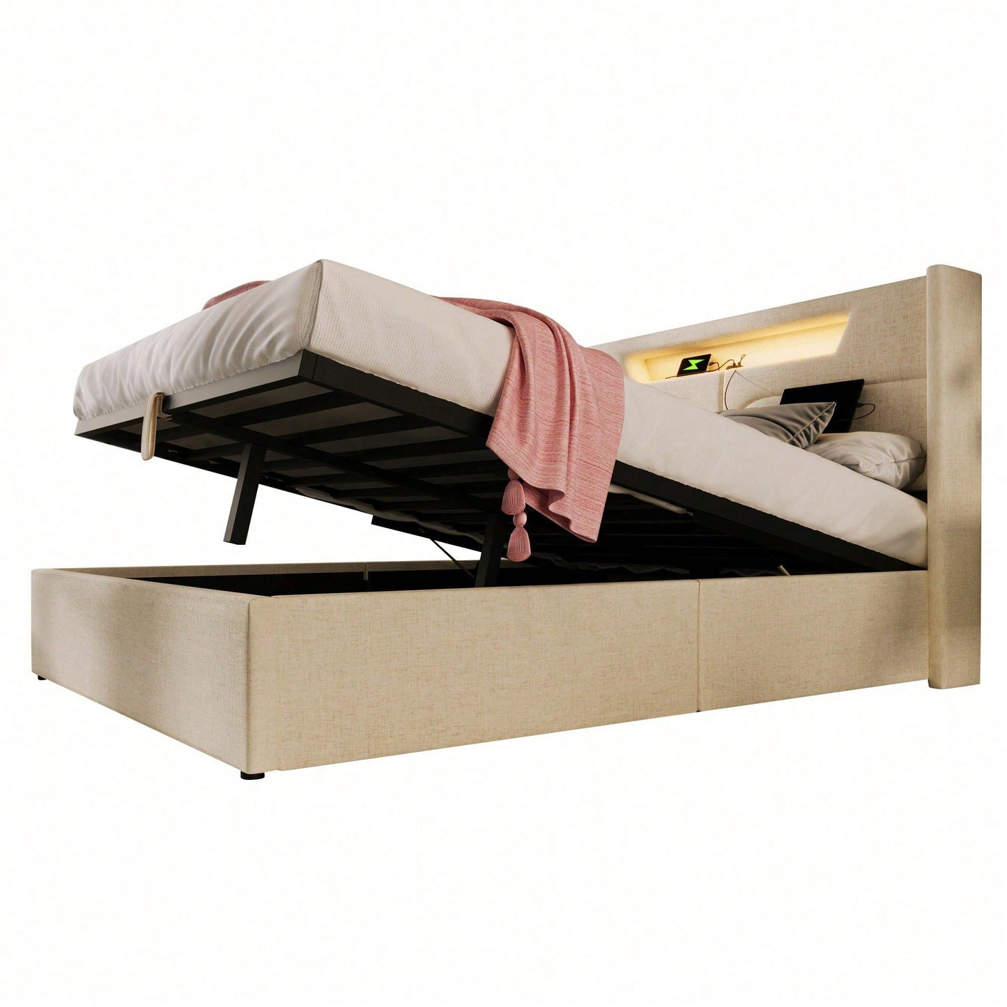 Polsterbett LED Doppelbett mit USB Typ C Ladefunktion und LED-Beleuchtung,Stauraumbetten Bettgestell aus Leinenmaterial Jugendbett 140x200 mit lattenrost(