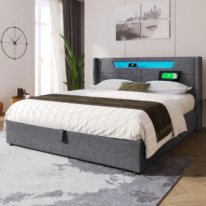 Polsterbett LED Doppelbett mit USB Typ C Ladefunktion und LED-Beleuchtung,Stauraumbetten Bettgestell aus Leinenmaterial Jugendbett 140x200 mit lattenrost(