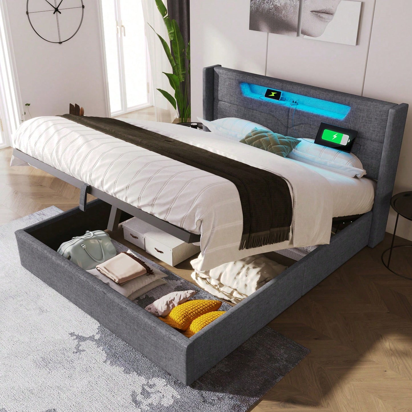 Polsterbett LED Doppelbett mit USB Typ C Ladefunktion und LED-Beleuchtung,Stauraumbetten Bettgestell aus Leinenmaterial Jugendbett 140x200 mit lattenrost(
