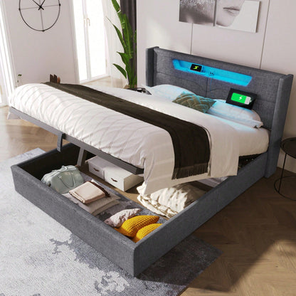 Polsterbett LED Doppelbett mit USB Typ C Ladefunktion und LED-Beleuchtung,Stauraumbetten Bettgestell aus Leinenmaterial Jugendbett 140x200 mit lattenrost(