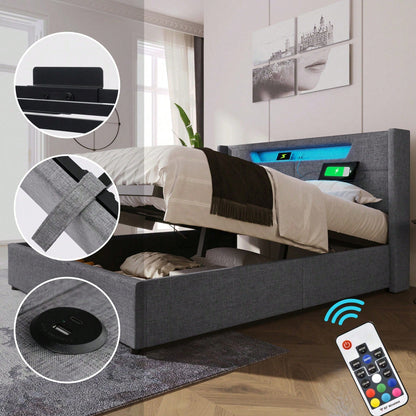 Polsterbett LED Doppelbett mit USB Typ C Ladefunktion und LED-Beleuchtung,Stauraumbetten Bettgestell aus Leinenmaterial Jugendbett 140x200 mit lattenrost(