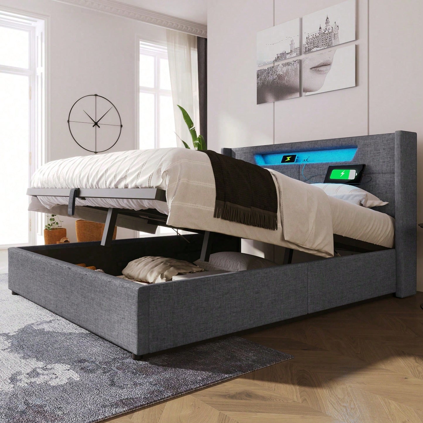 Polsterbett LED Doppelbett mit USB Typ C Ladefunktion und LED-Beleuchtung,Stauraumbetten Bettgestell aus Leinenmaterial Jugendbett 140x200 mit lattenrost(