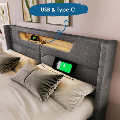 Polsterbett LED Doppelbett mit USB Typ C Ladefunktion und LED-Beleuchtung,Stauraumbetten Bettgestell aus Leinenmaterial Jugendbett 140x200 mit lattenrost(
