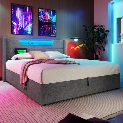 Polsterbett LED Doppelbett mit USB Typ C Ladefunktion und LED-Beleuchtung,Stauraumbetten Bettgestell aus Leinenmaterial Jugendbett 140x200 mit lattenrost(