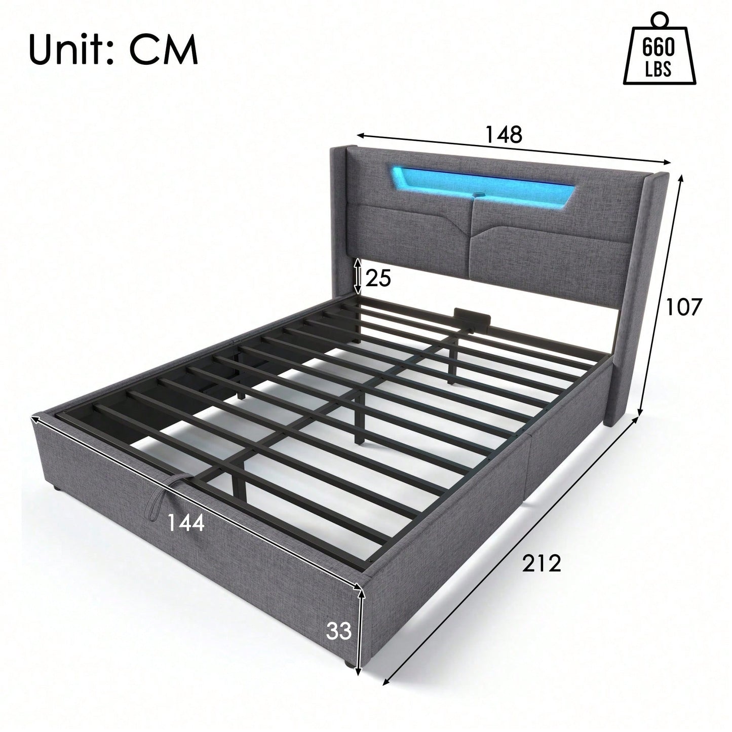 Polsterbett LED Doppelbett mit USB Typ C Ladefunktion und LED-Beleuchtung,Stauraumbetten Bettgestell aus Leinenmaterial Jugendbett 140x200 mit lattenrost(