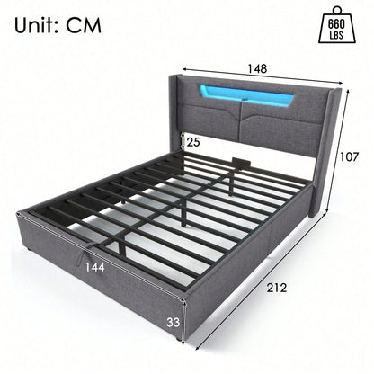 Polsterbett LED Doppelbett mit USB Typ C Ladefunktion und LED-Beleuchtung,Stauraumbetten Bettgestell aus Leinenmaterial Jugendbett 140x200 mit lattenrost(