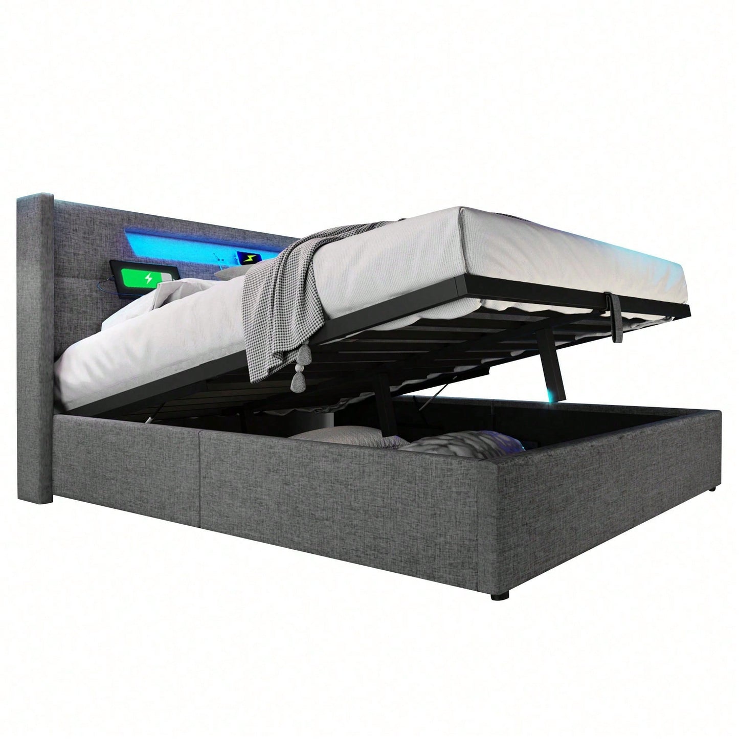 Polsterbett LED Doppelbett mit USB Typ C Ladefunktion und LED-Beleuchtung,Stauraumbetten Bettgestell aus Leinenmaterial Jugendbett 140x200 mit lattenrost(