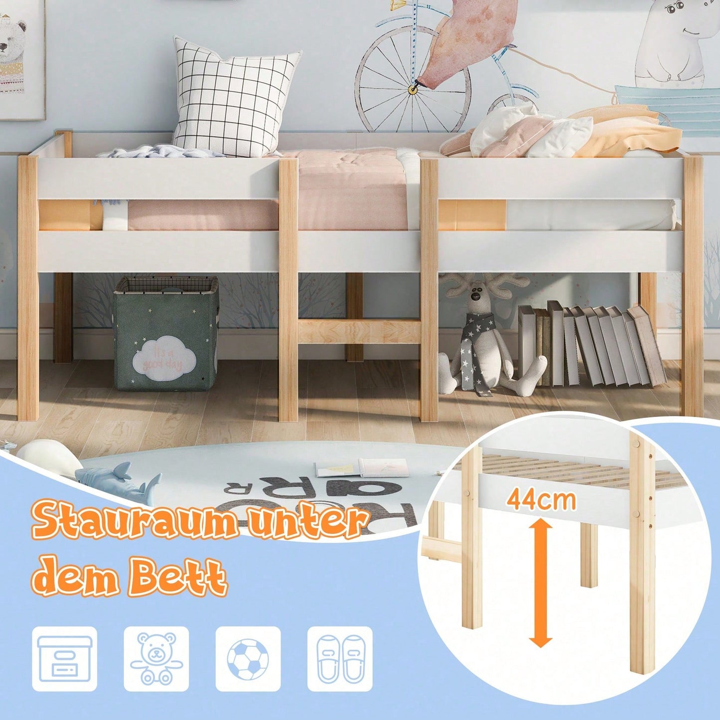 Bett Kinderbett mit Rausfallschutz, Kiefer-Vollholz-90x190 cm-Weiß & Eiche