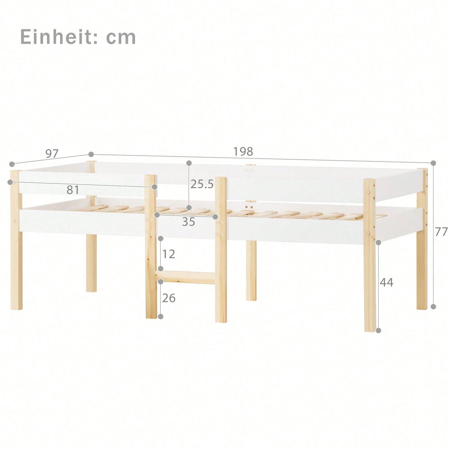 Bett Kinderbett mit Rausfallschutz, Kiefer-Vollholz-90x190 cm-Weiß & Eiche