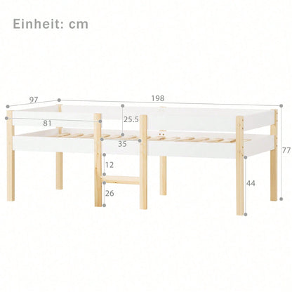Bett Kinderbett mit Rausfallschutz, Kiefer-Vollholz-90x190 cm-Weiß & Eiche