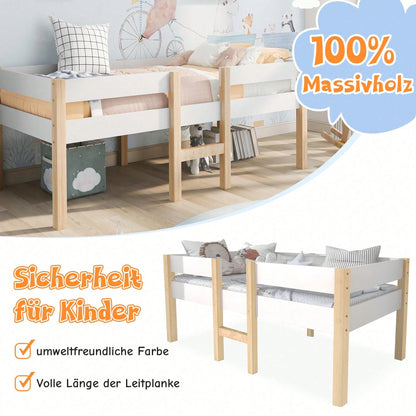 Bett Kinderbett mit Rausfallschutz, Kiefer-Vollholz-90x190 cm-Weiß & Eiche