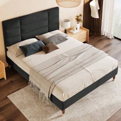 Polsterbett, Doppelbett mit Lattenrost, 140x200cm gepolsteres Bettgestell mit Kopfteil, in Schwarz Leinen, für Erwachsene&Jugendliche,