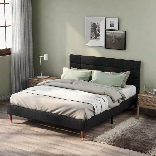 Polsterbett, Doppelbett mit Lattenrost, 140x200cm gepolsteres Bettgestell mit Kopfteil, in Schwarz Leinen, für Erwachsene&Jugendliche,
