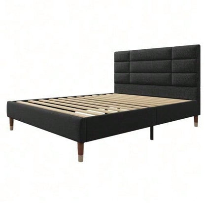 Polsterbett, Doppelbett mit Lattenrost, 140x200cm gepolsteres Bettgestell mit Kopfteil, in Schwarz Leinen, für Erwachsene&Jugendliche,