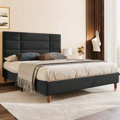 Polsterbett, Doppelbett mit Lattenrost, 140x200cm gepolsteres Bettgestell mit Kopfteil, in Schwarz Leinen, für Erwachsene&Jugendliche,
