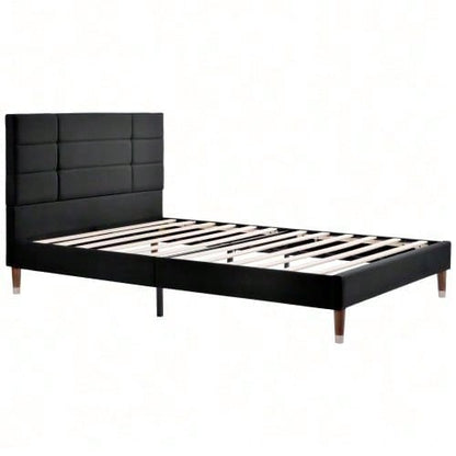 Polsterbett, Doppelbett mit Lattenrost, 140x200cm gepolsteres Bettgestell mit Kopfteil, in Schwarz Leinen, für Erwachsene&Jugendliche,