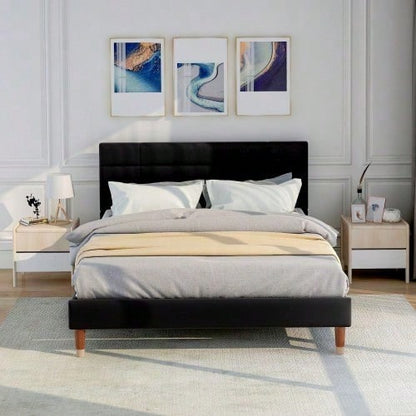 Polsterbett, Doppelbett mit Lattenrost, 140x200cm gepolsteres Bettgestell mit Kopfteil, in Schwarz Leinen, für Erwachsene&Jugendliche,