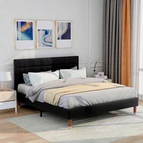 Polsterbett, Doppelbett mit Lattenrost, 140x200cm gepolsteres Bettgestell mit Kopfteil, in Schwarz Leinen, für Erwachsene&Jugendliche,