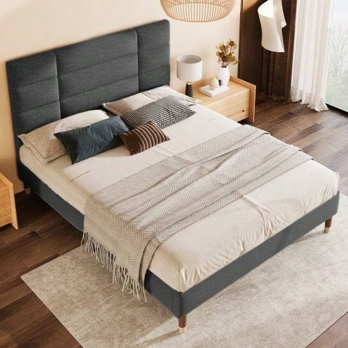 Polsterbett, Doppelbett mit Lattenrost, 140x200cm gepolsteres Bettgestell mit Kopfteil, in Schwarz Leinen, für Erwachsene&Jugendliche,
