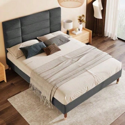 Polsterbett, Doppelbett mit Lattenrost, 140x200cm gepolsteres Bettgestell mit Kopfteil, in Schwarz Leinen, für Erwachsene&Jugendliche,